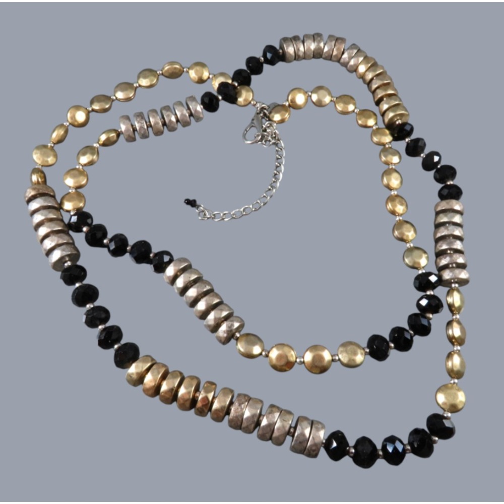 CHICO'S BEADED NECKLACE Muted Gold & Silver Tone w/BLACK CRYSTAL Beads 42-46"